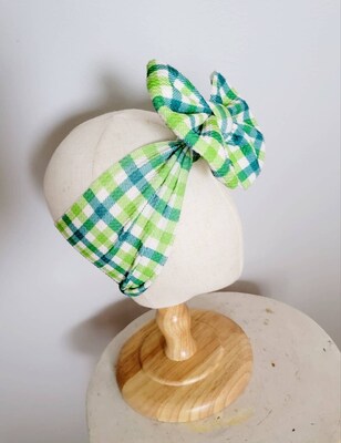 Green Plaid Knit Hair Bow - Headwrap - Clip - Pigtail - Headband - Saint Patrick - Good Luck - St Patty - Green - Tartan - Lime - image2